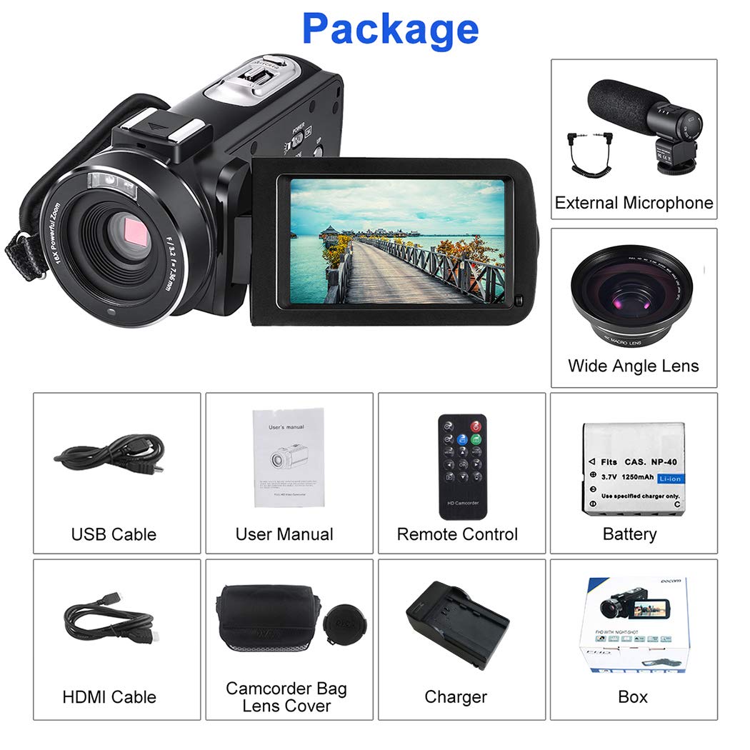 CofunKool Full HD Video Camera Camcorder 1080P 24.0MP Night Vision 16X Digital Zoom 3.0 Inches IPS Touch Screen Video Camera Recorder with External Microphone,Wide Angle Lens,Remote Control