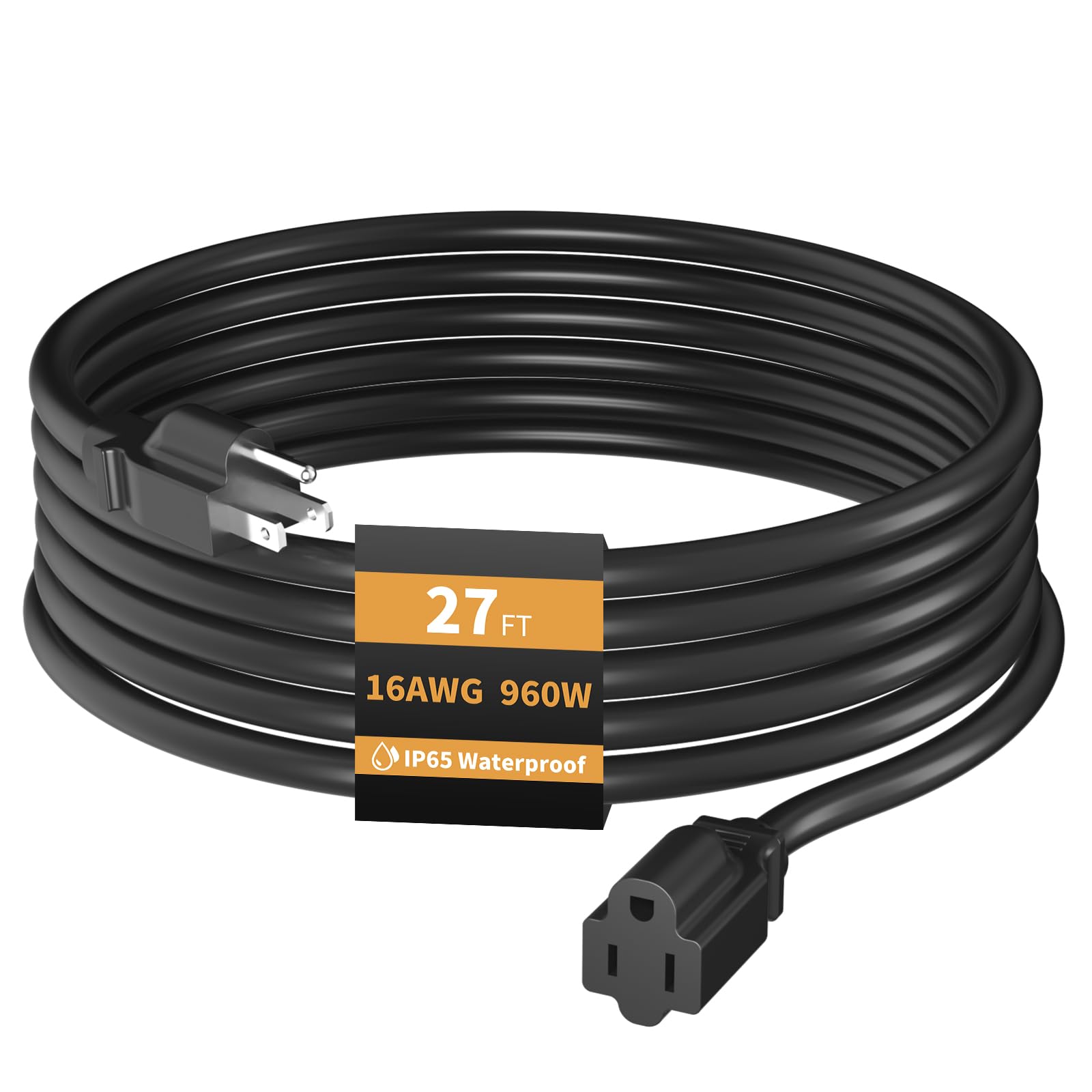 Photo 1 of Outdoor Extension Cord, 27FT IP65 Waterproof, Black Heavy Duty 3-Core Extension Cord, 16AWG 960W Maximum for Outdoor Indoor Use