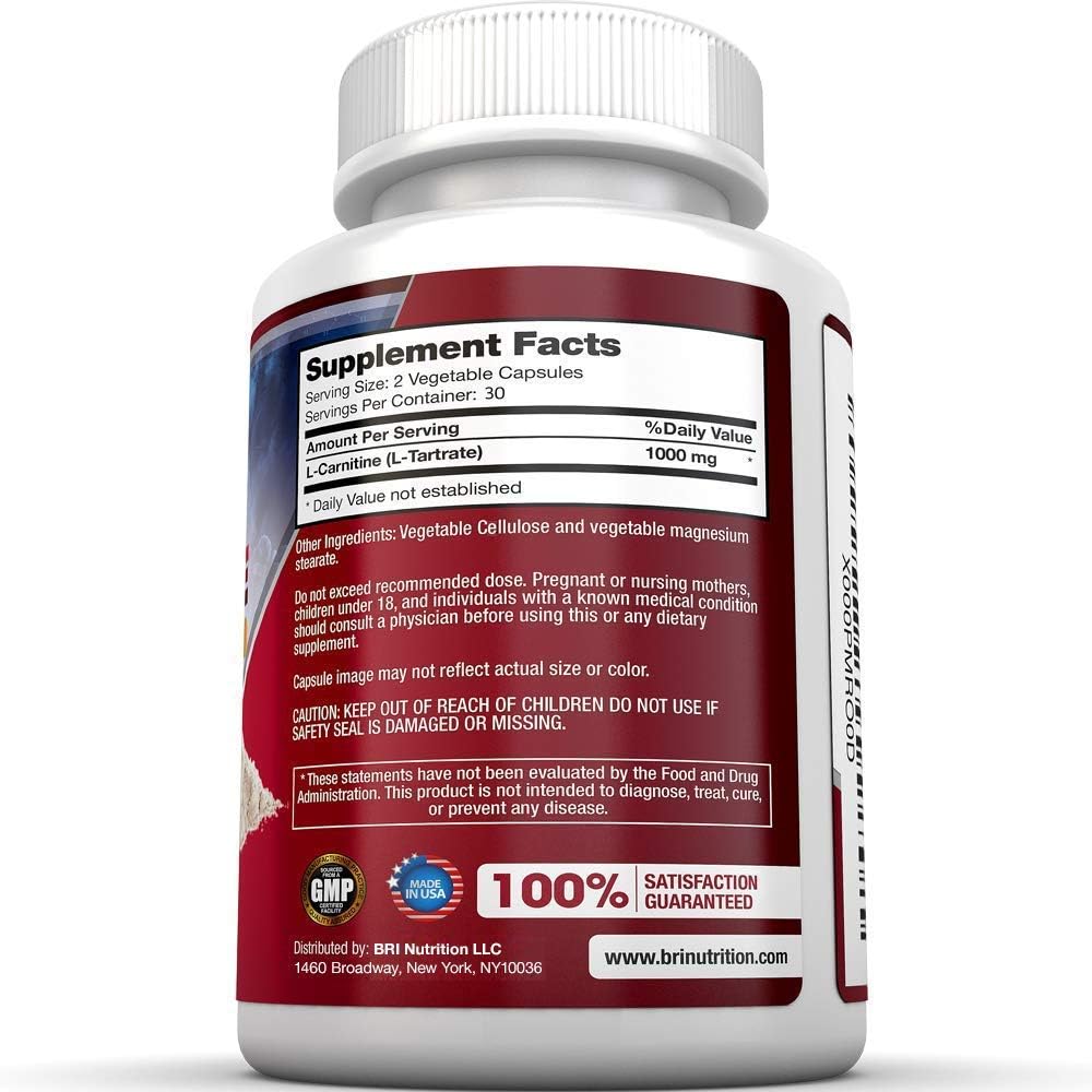 BRI L-Carnitine - 1000mg Premium Quality Carnitine Amino Acid Supports Athletic Performance, Stamina and Heart Health; Stimulant Free Vegetable Cellulose Capsules (60 Count): Health & Personal Care