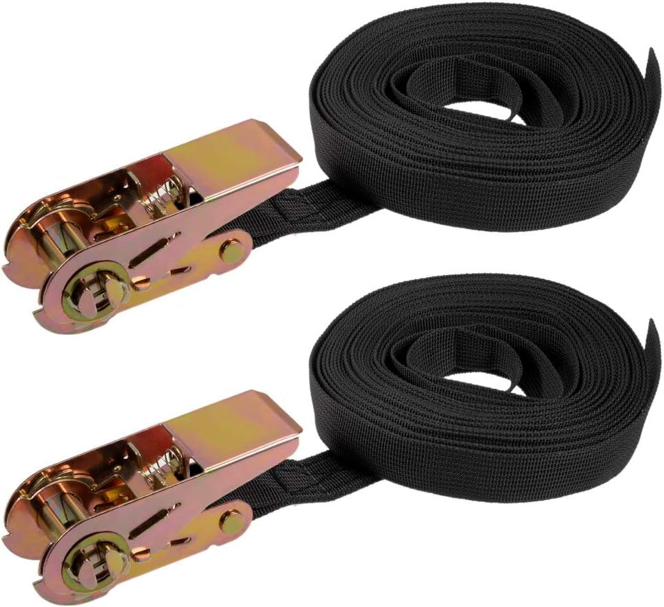sourcing map Ratchet Tie Down Lashing Strap 1" x 23Ft 550lb 250Kg Load Polypropylene for Moving Securing Cargo Black, Pack of 2