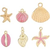 Beebeecraft 12Pcs 6 Styles Starfish Charms Mixed Shapes Pink 18K Gold Plated Brass Small Shell Ocean Sea Animal Charms for Jewelry Making Necklace Bracelets Pendants Summer DIY Crafts