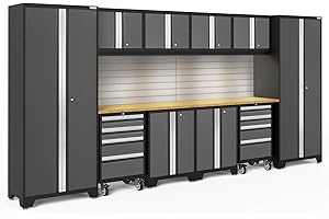 NEWAGE PRODUCTS INC. NewAge Products Garage Storage Cabinets Bold Series Gray include Multi Use lockers, Rolling Tool, Base & Wall Cabinets with Lockable Doors, LED lights, Slatwall Backsplash, Bamboo Worktop
