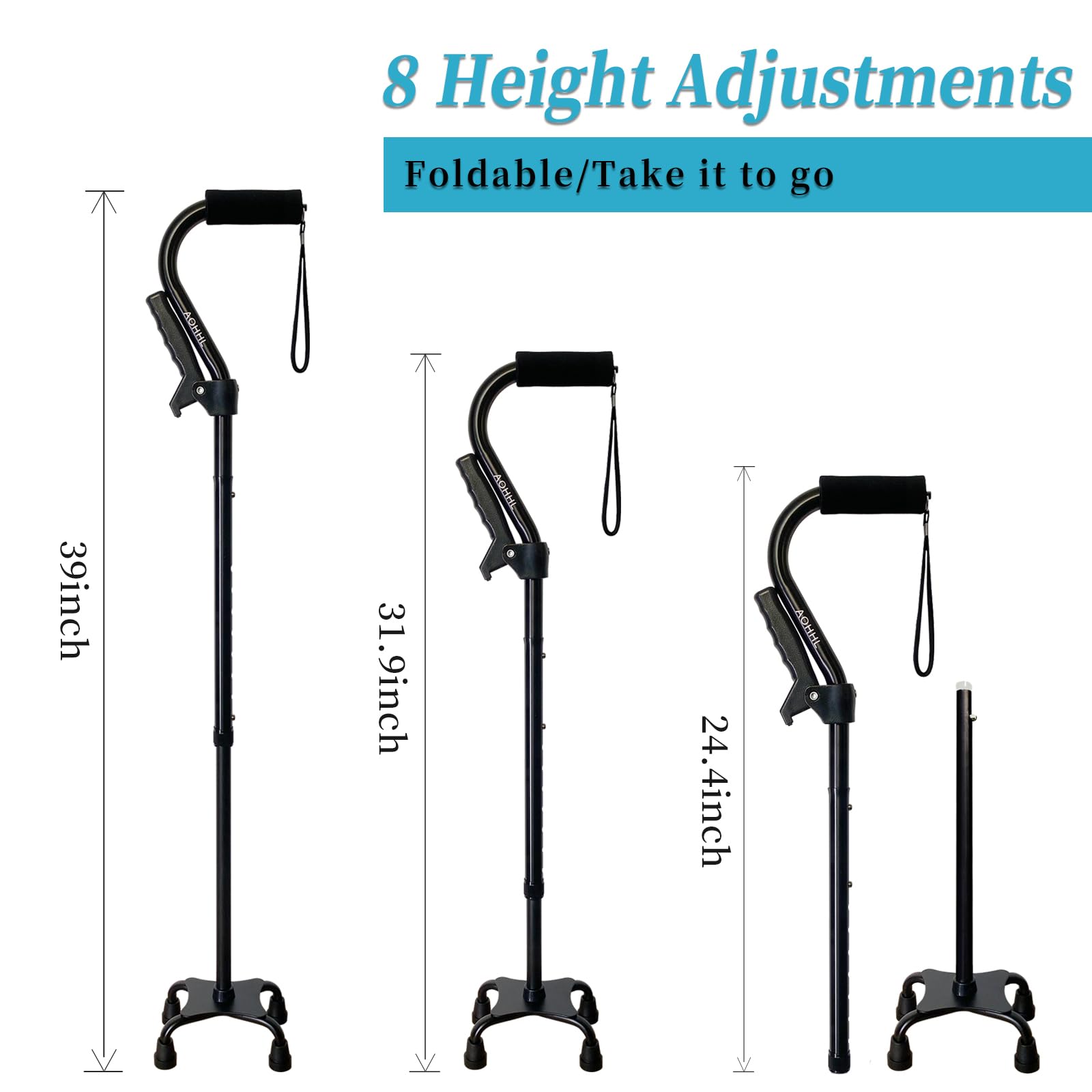 AOHHL Quad Walking Cane Foldable Adjustable Portable Stick Men & Women and Seniors - Lightweight & Sturdy with 4-Pronged Base for Extra Stability Balance,Self Standing Gifts for mom Dad