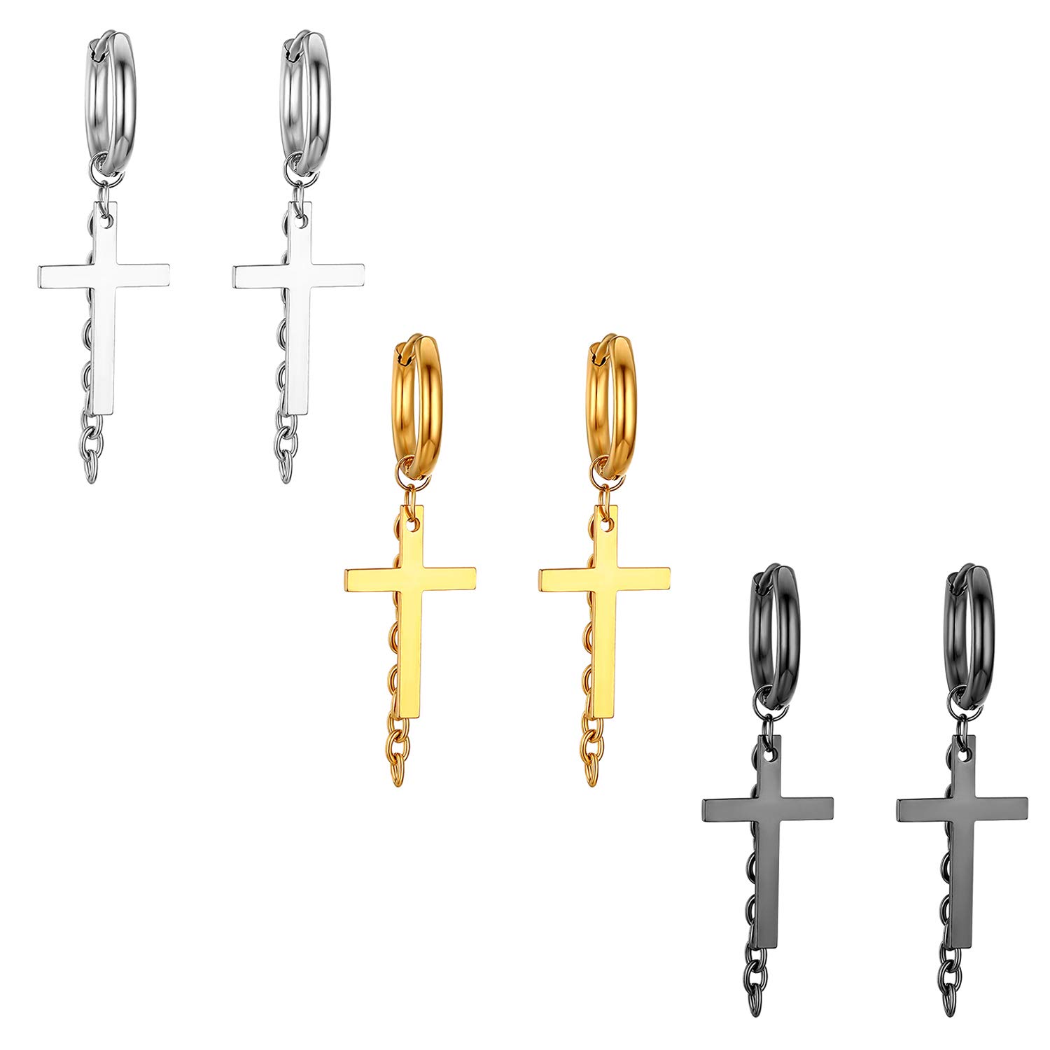 Cupimatch 3 Pairs Cross Dangle Hoop Earrings Set for Men Women, Punk Tassle Chain Ear Pierced Stainless Steel Huggie Hoop Earrings Jewelry
