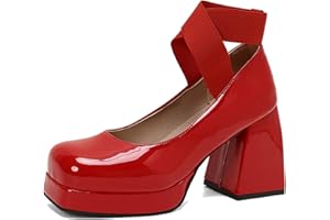 Women’s Patent Leather Platform Chunky Heels Mary Jane Shoes Square Toe Block Heel Pumps with Adjustable Ankle Strap Buckle V
