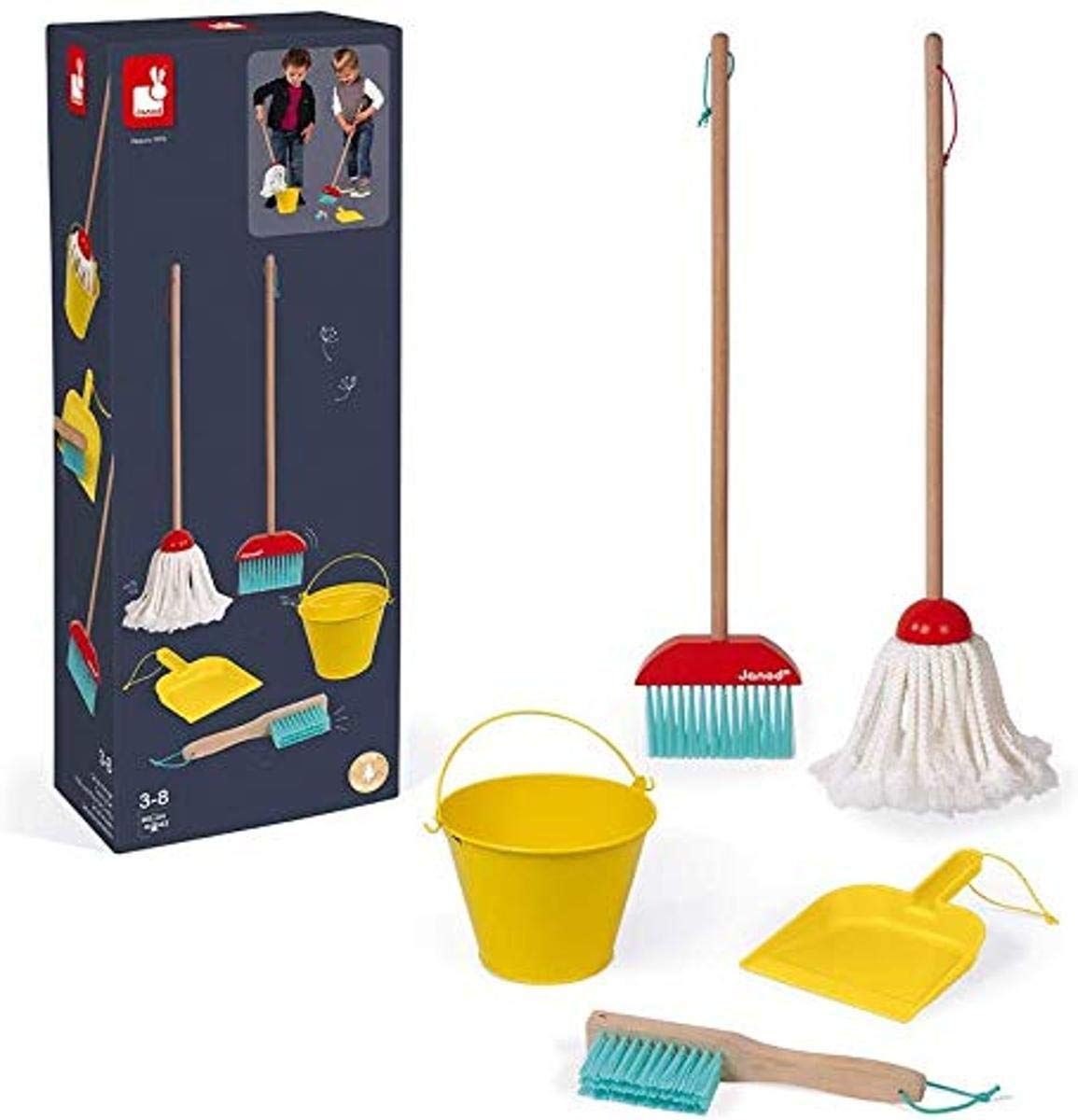 Janod - Cleaning Set - 5 Realistic Wooden Accessories - Broom + Mop + Bucket + Shovel + Brush - Imitation Wooden Toy for Children - from 2 Years Old, J06588