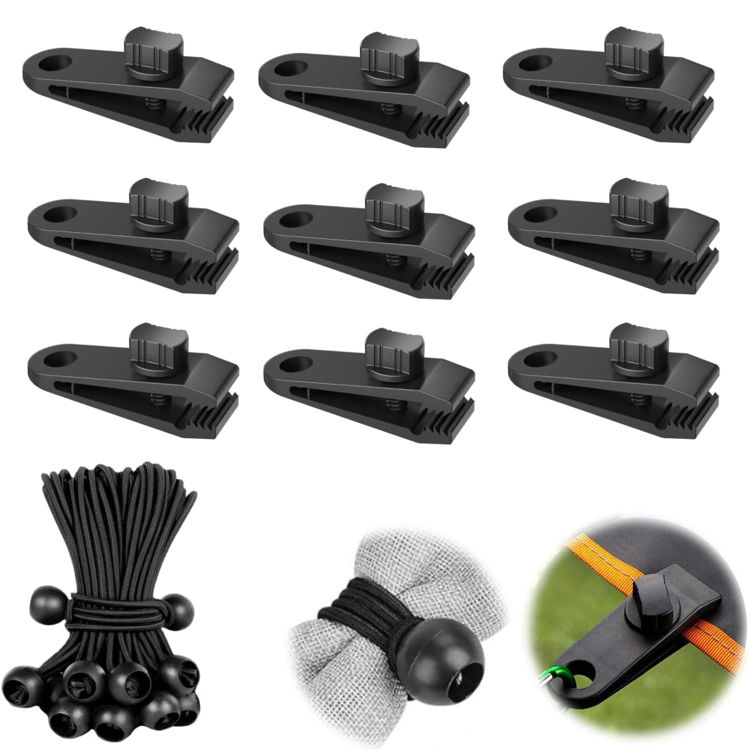 10 Sets Tarp Clips Heavy Duty Lock Grip, Awning Clamp With Bungee Cord,Linoleum Tent Clips With Bungee Balls for Outdoor Camping, Tarpaulin