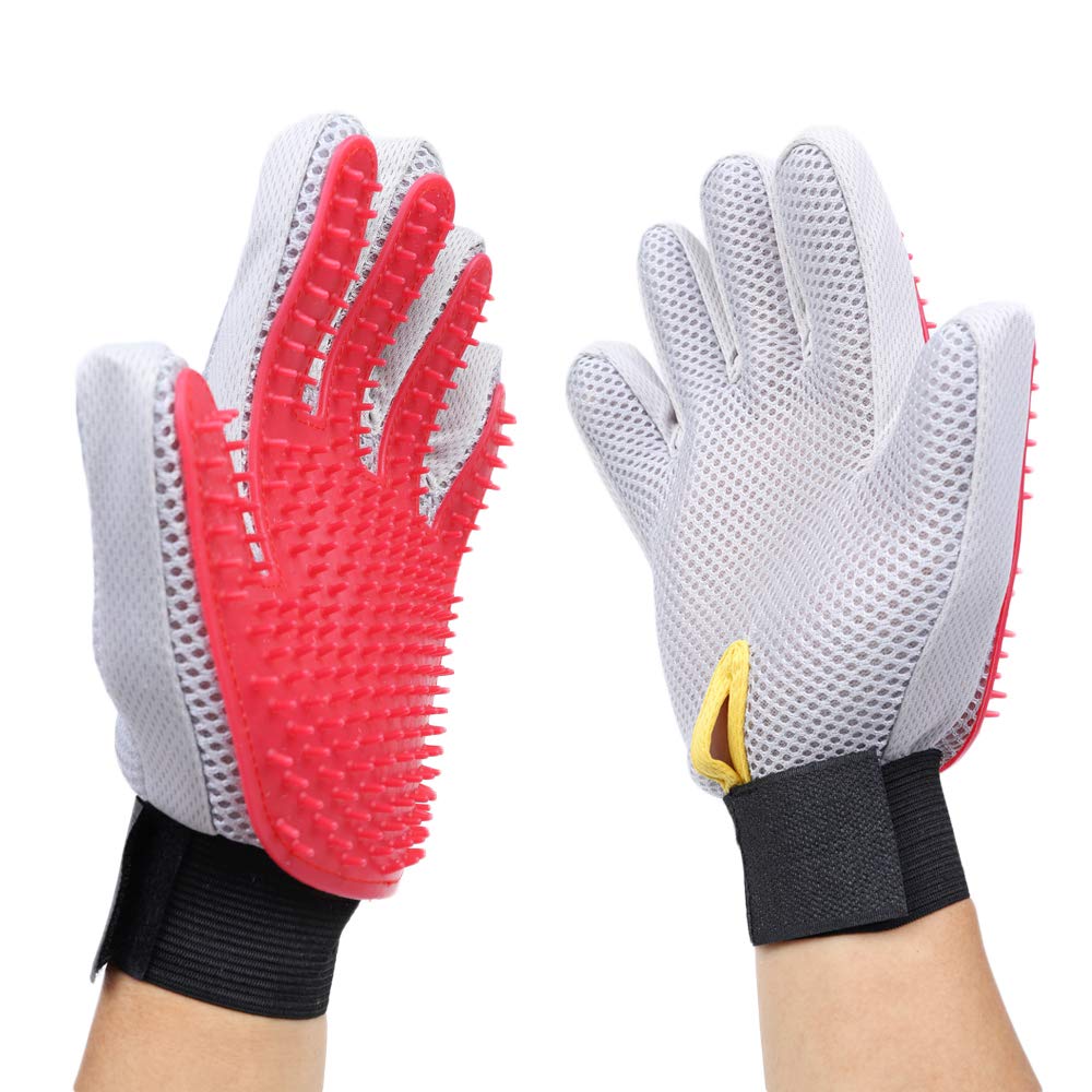 Merauno® Pet Hair Remover Brush Massage Grooming Glove Dog Cat Massage Effect & Top Hair Protection (Red, 2 Gloves (One Pair))