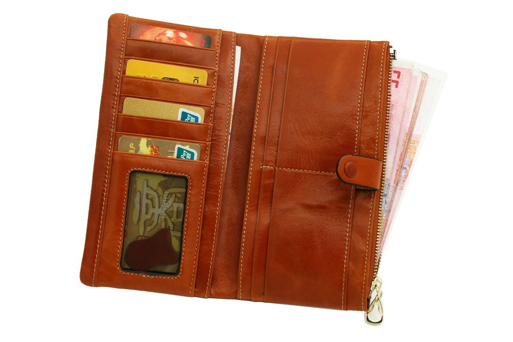 Luxury Fshion Women\'s Genuine Leather Long Zipper Wallet Ladies Clutch Purse Brown