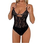 OYOANGLE Women's Lace Sheer Cami Bodysuits Spaghetti Strap Cut Out Fitted Bodysuit Tops