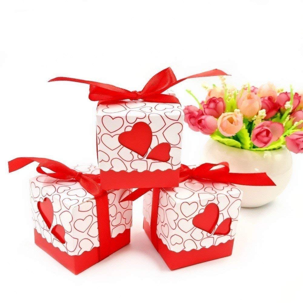 JZK 50x Red Heart Wedding Favour Boxes - Sweet Box Gift Box for Wedding, Birthday, Newborn, Graduation, Christmas Party Favours