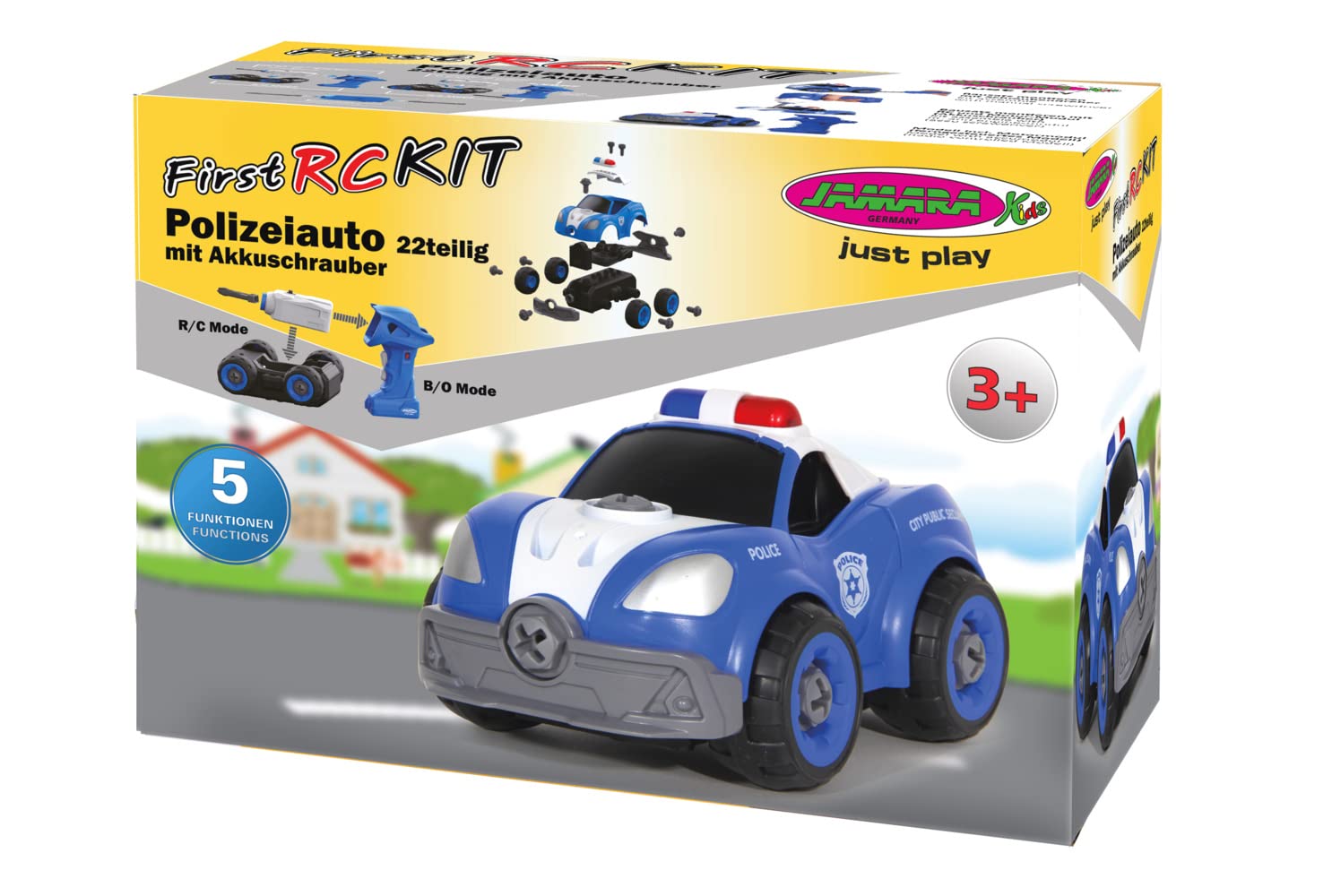 Police Car First RC Kit 22 Pieces with Cordless Screwdriver - from 3 Years, Slip Clutch, Interchangeable Insert, Robust Plastic, Rubber Tyres, Promotes Fine Motor Skills and Technical Understanding