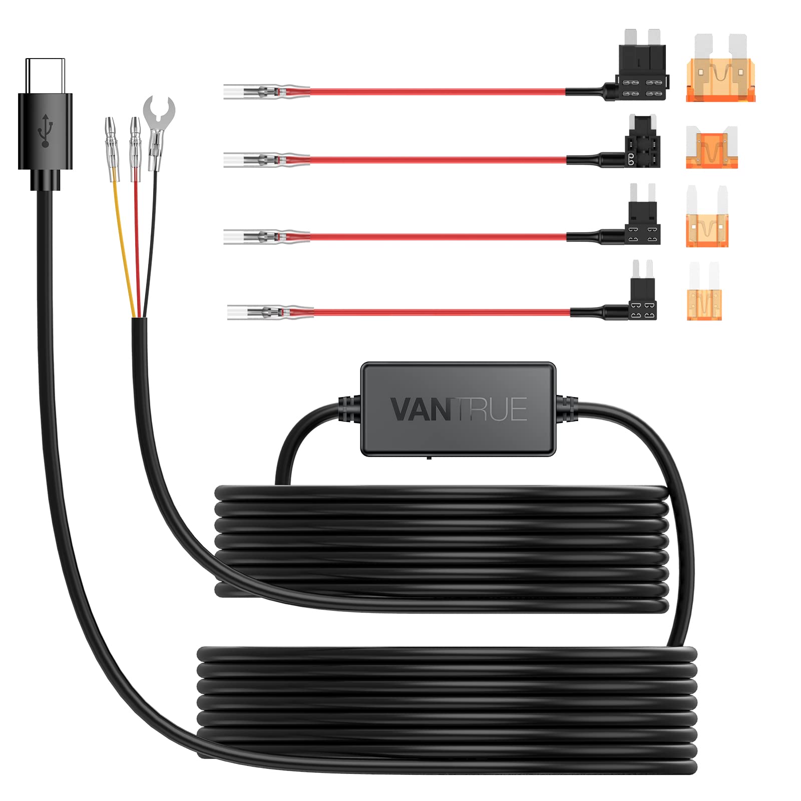 VANTRUE USB-C 2 Level Hardwire Kit with ACC Fuse for N5(S)/N4 Pro(S)/N4(S)/N2X/E360/S1 Pro(MAX)/E1 Pro/E1/E1 Lite/E2/E3/X4S/N2 Pro(USB-C)/N2S/S2 Dashcam, 12V/24V to 5V Low Voltage Protection, 11.5ft