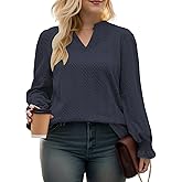 ROSRISS Plus-Size-Womens-Tops Casual Notched V Neck T Shirts Trendy Cute Puff Long Sleeve Tunics Dressy Textured Blouses