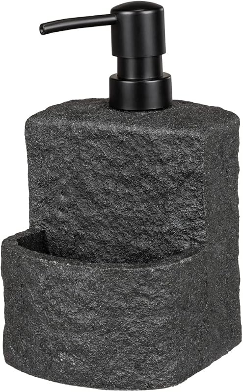 Spülmittelspender Mod. Festival nachfüllbarer Seifenspender Steinoptik für die Küche mit Fach für Spülschwamm 380 ml 10,5 x 18 x 11 cm Schwarz
