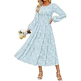ZESICA Women's Fall Boho Floral Midi Dress 2026 Casual Long Sleeve Crewneck Flowy Wedding Guest Long Dresses