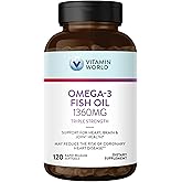 Vitamin World Triple Strength Omega 3 Fish Oil 1360 mg Supplement, 950 mg Active Omega-3 Fatty Acids with EPA & DHA, Supports Heart, Brain & Joint Health, Gluten Free, 120 Softgels, 4 Months Supply