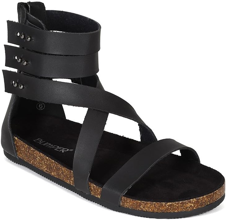 Women Leatherette Open Toe Strappy Gladiator Cork Sandal BI40 - Black