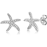 925 Sterling Silver Starfish Stud Earrings for Women, Dainty Textured Sea Star Studs, Ocean Beach Themed Jewelry Summer Gift