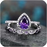 2 Pcs Gorgeous Purple Cubic Zirconia Bridal Prom Engagement Pear Shaped Teardrop Ring Set Marquise Matching Band Amethyst Birthstone Ring Eternity Engagement Wedding Band Ring for Women HM288 (6)