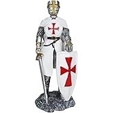 Ebros Gift White Cloak Caped Medieval Crusader Swordsman with Large Shield of The Cross Knight Figurine 8.25" H Medieval Royal Suit of Armor Knights of Templar Resin Collectible Statue