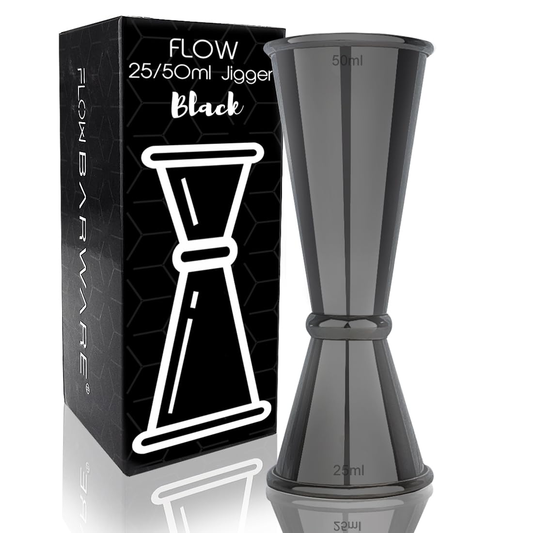FLOW Barware Spirit Measure | 4-in-1, Shot Measures for Spirits, 25ml, 50ml, 15ml, 35ml, in One Cocktail Jigger & Alcohol Measuring Cup | Drinks Measures for Spirits | Titanium Black Spirit Measure