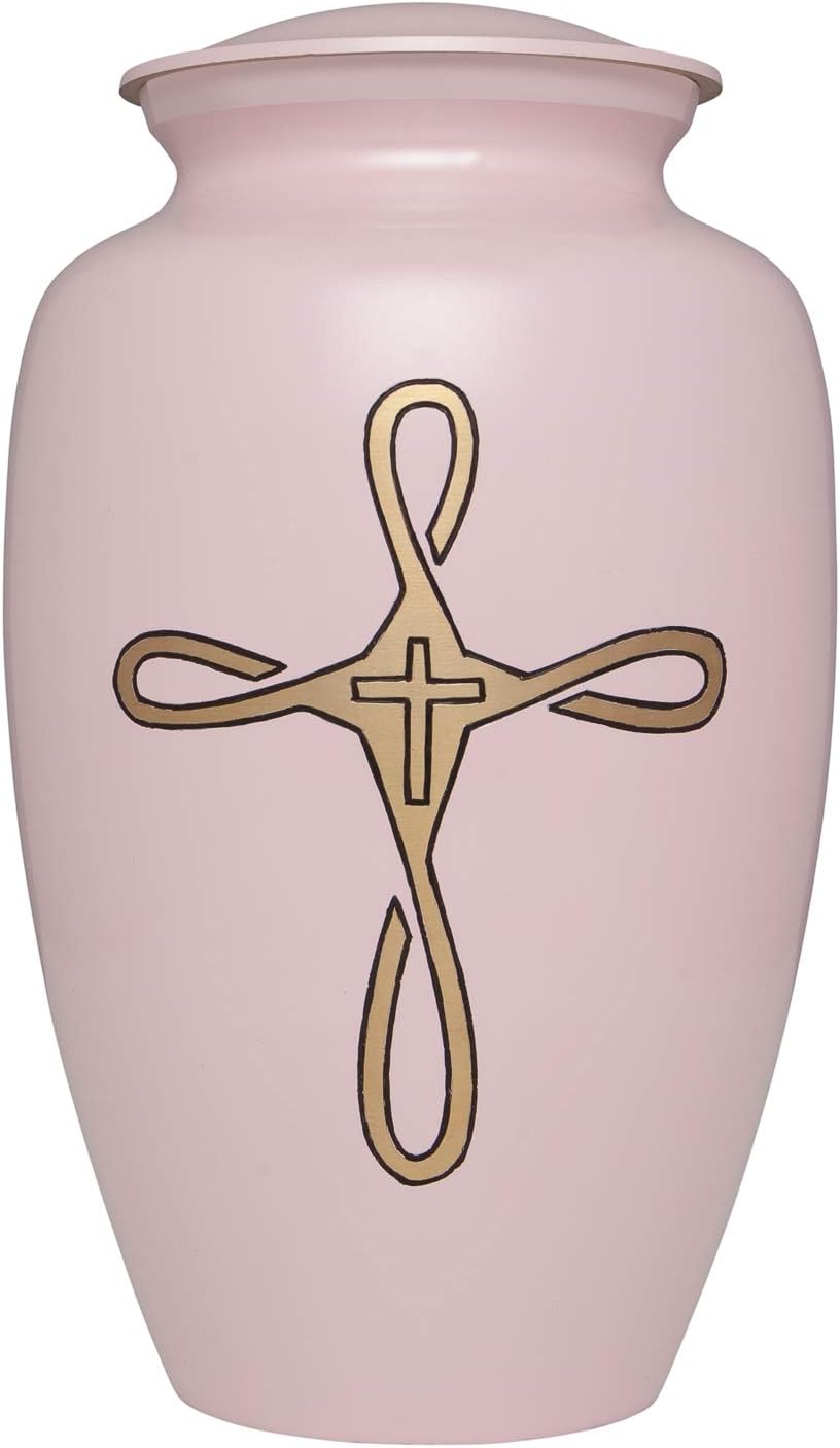 Ansons Urns Cremation Urn - Religious Cross Funeral Urn for Human Ashes - Large Adult Size Burial Urn - 100% Brass (Pink)