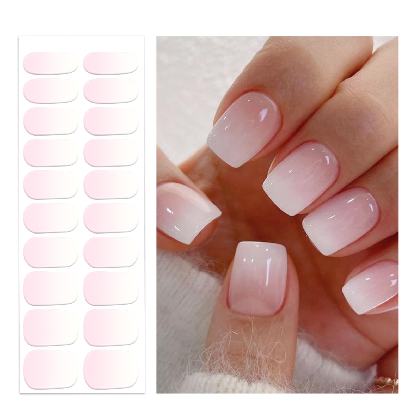 OAUEE Semi Cured Gel Nail Strips | 20 Gel Nail Stickers | Gel Nail Stickers with UV Light Required | Salon Quality, Easy Application and Removal（Transparent Pink Ombre）