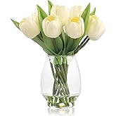 WELL KNOWN 12 Pcs Tulips Artificial Flowers in Vase, Real Touch Tulips with Vase with Upgrate Acrylic Water Flower Arrangements Centerpiece for Dining Room Table Decoration(Cream)
