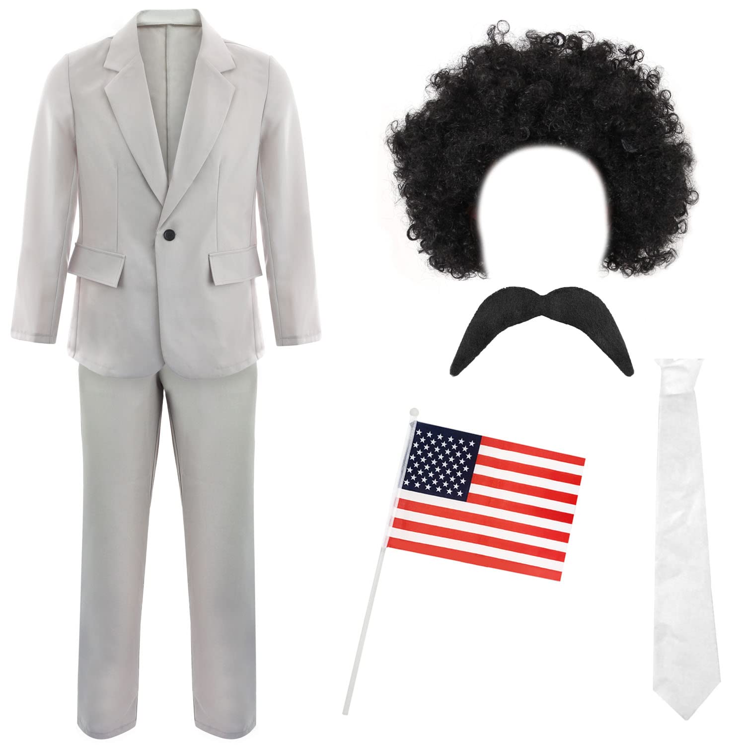 Mens Funny Journalist Costume - Grey Suit + White Tie + Curly Black Wig + Tash + American Hand-waving Flag - Adults Tv Movie Fancy Dress Costume (Large)