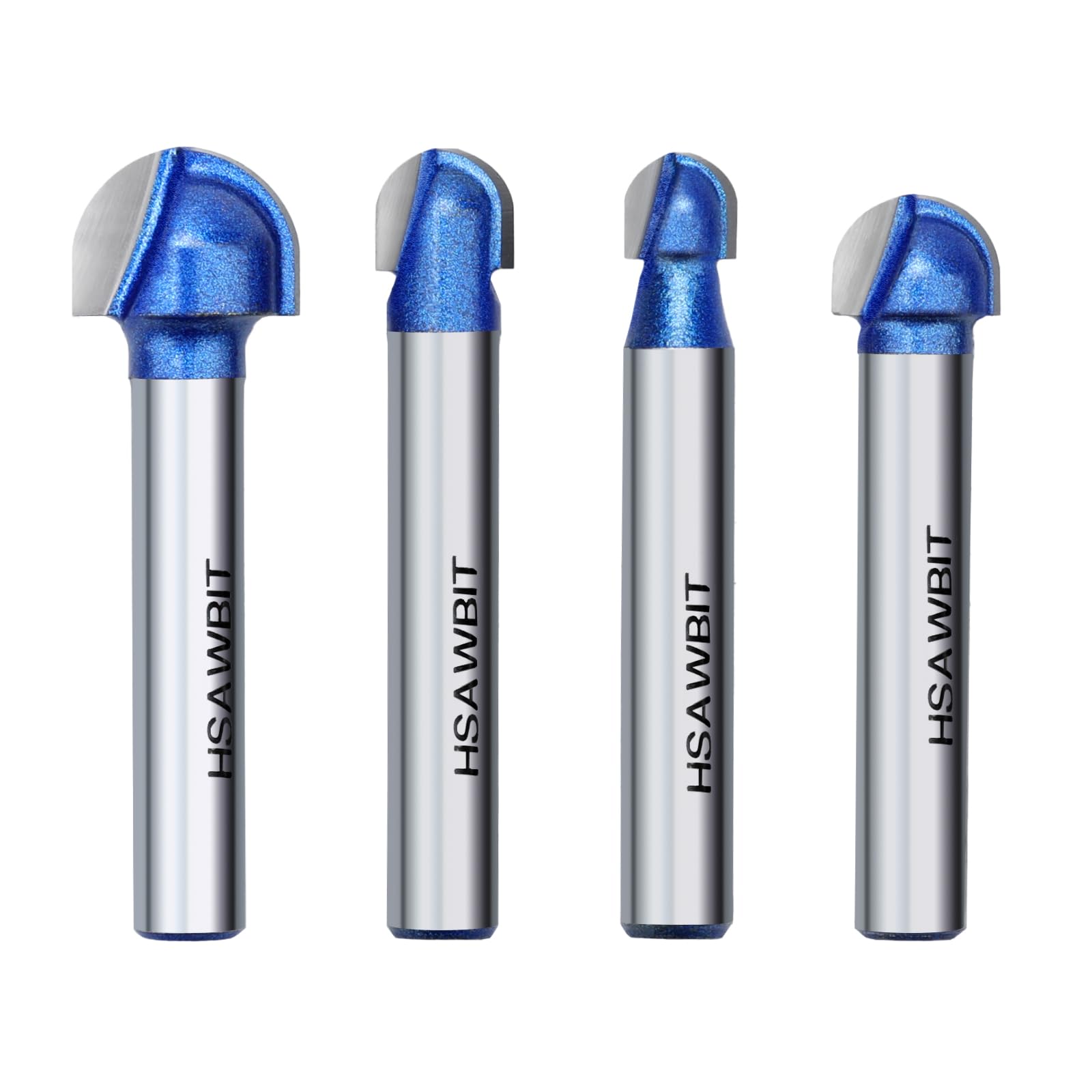 hsawbit 4-Piece Round Nose Core Box Router Bit Set 1/4-inch Shank, Cutting Dia. 1/4",5/16",3/8",1/2", Woodworking Milling Cutter Tool Set