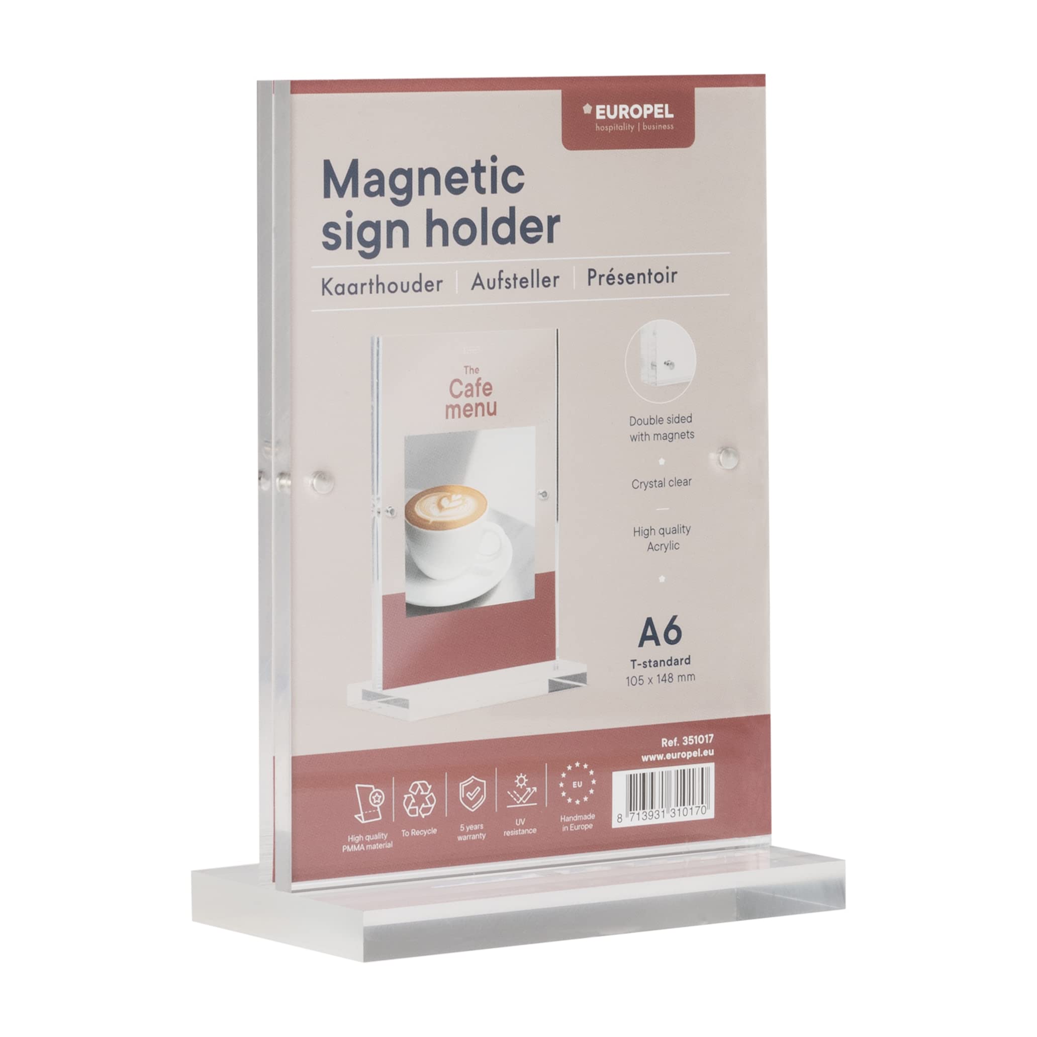 EUROPEL Luxe Magnetic Sign Holder, T-Standard, A6 Size Portrait, Acrylic as clear as glass, Menu & Leaflet Display Holder for Restaurants, Hotels, Conference & Reception – Free Standing & Double sided — image 1