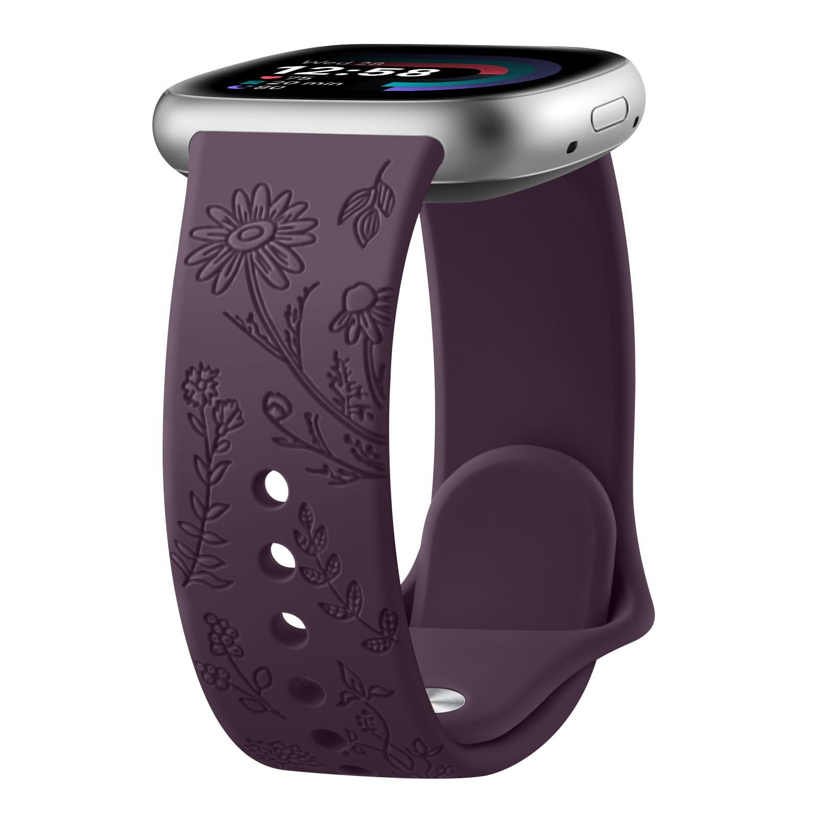Tobfit Flower Pattern Strap for Fitbit Sense/Sense 2/Fitbit Versa 4/Fitbit Versa 3 Straps for Women Men, Adjustable Silicone Replacement Band (Deep purple)