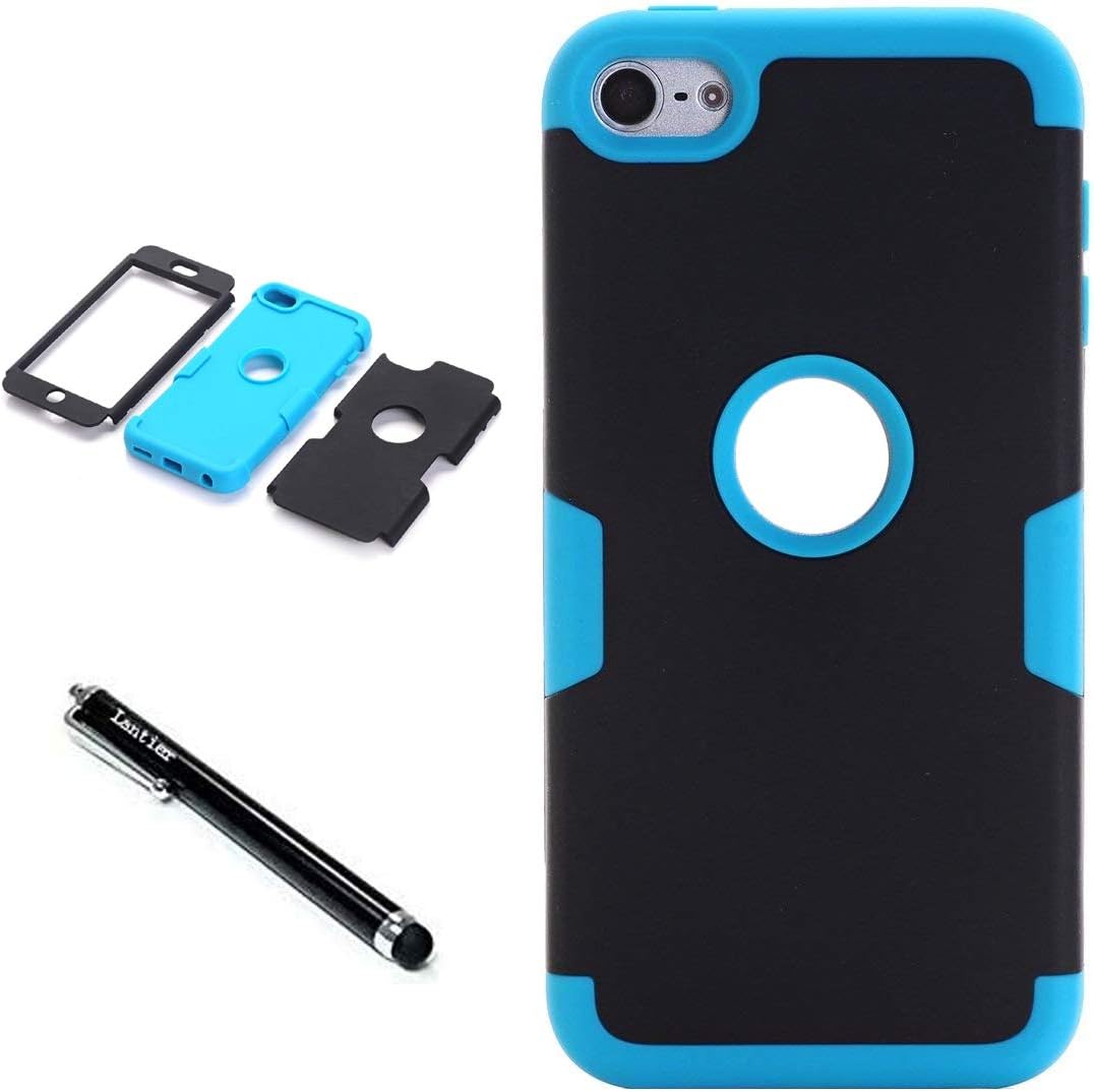 iPod Touch 6th Generation Case,iPod Touch 5 Case,Lantier 3 Layers Verge Hybrid Soft Silicone Hard PC Plastic TUFF Triple Quakeproof Drop Resistance Protective Case Cover with Stylus Palm Black/Blue