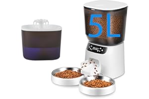 CORGOTE Automatic Cat Feeder and Water Fountain, 5L/20 Cups Timed Cat Dry Food Dispenser, 10s Meal Call, 20 Portions 6 Meals Per Day, 2L Cats Fountains for Drinking with Filter, Pet Feeder for Dog White
