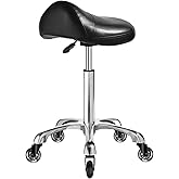 Ergonomic Saddle Stool with wheels - Upgraded Thicker Leather Seat Cushion, Healthy Posture Correction, Silky Smooth Gliding, Adjustable Rolling Saddle Stool Chair for Salon Medical Massage, Black