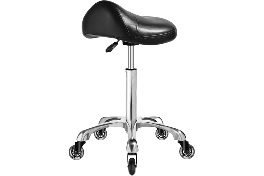 Ergonomic Saddle Stool with wheels – Upgraded Thicker Leather Seat Cushion, Healthy Posture Correction, Silky Smooth Gliding, Adjustable Rolling Saddle Stool Chair for Salon Medical Massage, Black
