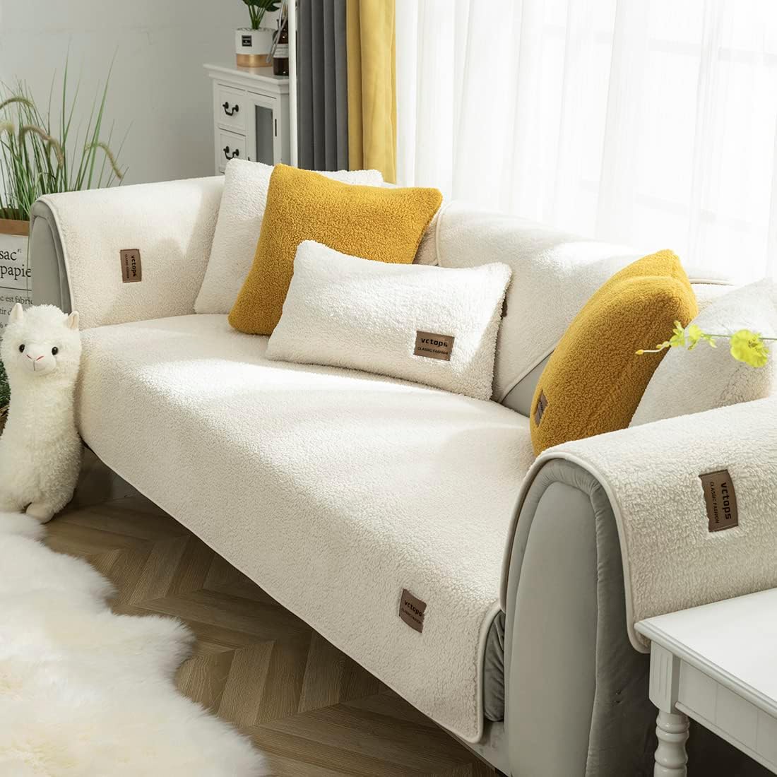 Slipcovers - vctops Sherpa Fleece Sofa Couch Covers Super Soft Warm Plush Sectional Couch Cover Luxury Fuzzy Furry Non Slip Sofa Slipcover Furniture Protector (White,36