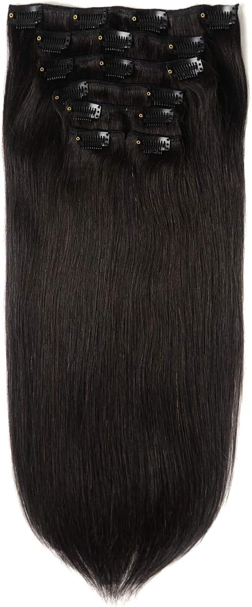 Hair Extensions Clip in Human Hair Double Weft Straight Hair Extensions Human Hair Natural Black 22 inch Straight Hair Clip on Hair Thick (7pcs, 16 Clips, 100g)