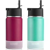 koodee Insulated Water Bottle 2 Pack Stainless Steel Double Wall Vacuum Wide Mouth Sports Water Bottle BPA Free-12 oz Small Water Bottle for School (Fuchsia Red-Teal)