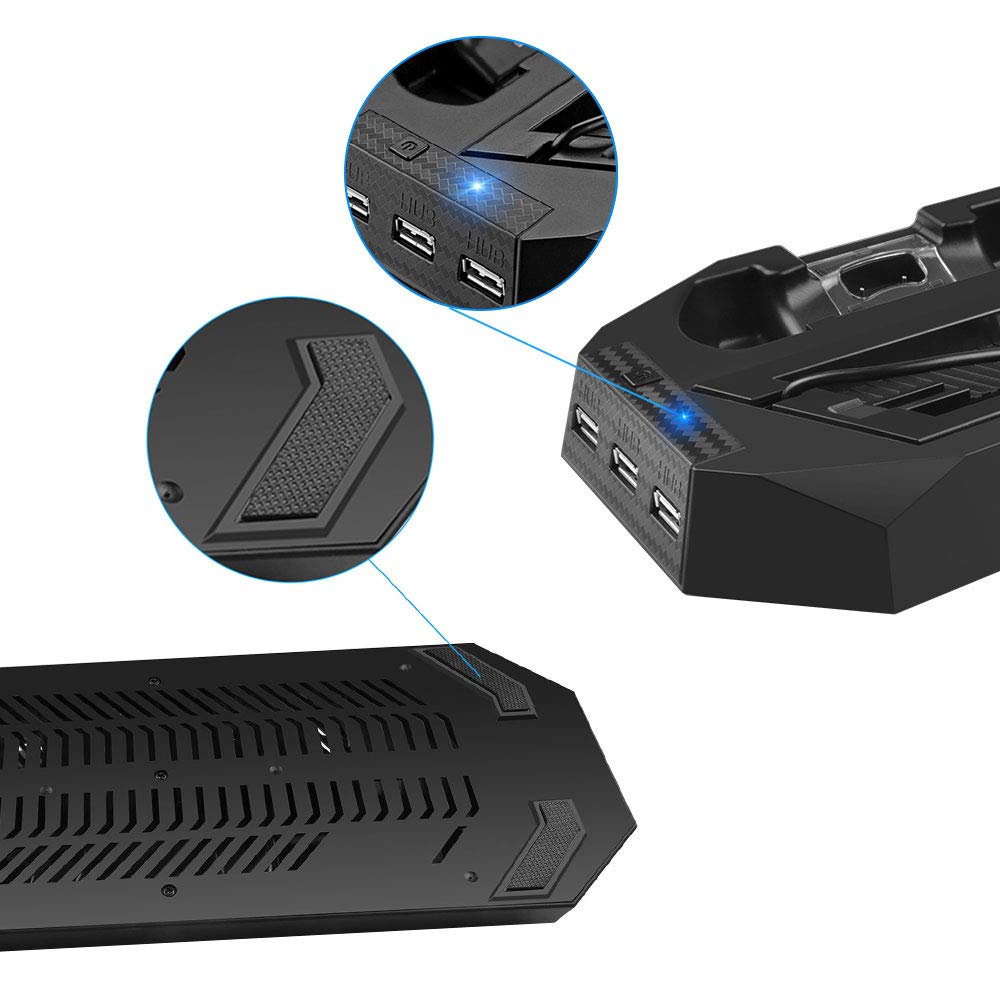 ELUTENG PS4 Slim/Pro Stand with 2 Cooling Fans PS4 Controller Charger with 8 Extra Buttum Caps Non-Slip Mats PS4 Vertical Stand with 3 Extra USB HUB Ports