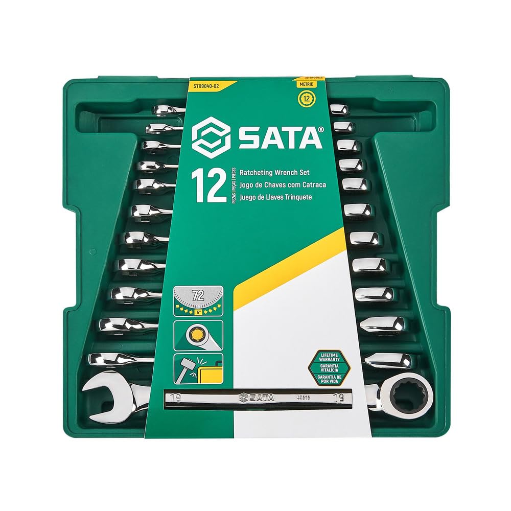 SATA ST09040-02 12-Piece Metric Ratcheting Wrench/Spanner Set, Polished, 8mm - 19mm, with Tray