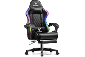 EXRACING Gaming Chair with Footrest Ergonomic High-Back PU Leather Computer Chair with RGB LED Lights Linkage Armrests Lumbar Support and Headrest 150°Reclining Diamond Quilted Office Chair for Adults