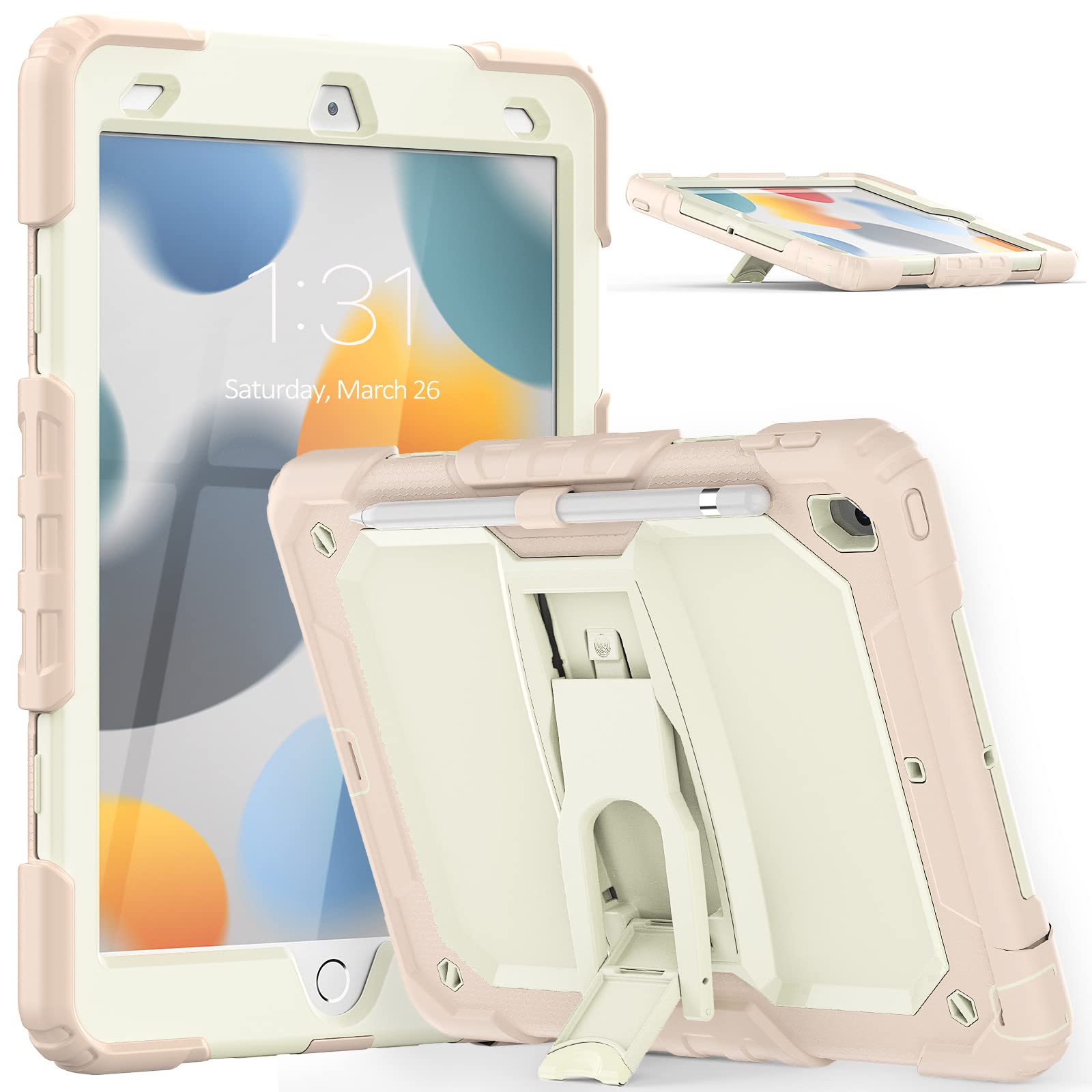 iPad 10.2 Inch 2021/2020/2019 Case with Handle Stand, Shockproof Protective Case with Pen Holder for iPad 9th 8th 7th Generation, White + Light Pink
