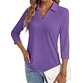 LYHIPSS 3/4 Length Sleeve Womens Tops Dressy Casual V Neck Polo Shirts Business Work Blouses 2025 Trendy Tunic Top