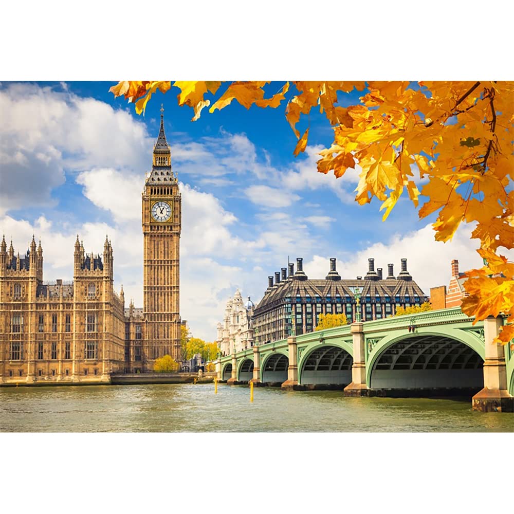 Aoihrraan 2,7x1,8m Big Ben Backdrop London Bridge Maple Leaves European Building Autumn Scenery Photography Background Outdoor Wedding Travel Shoots Children Adults Lover Portrait Photo Studio Props