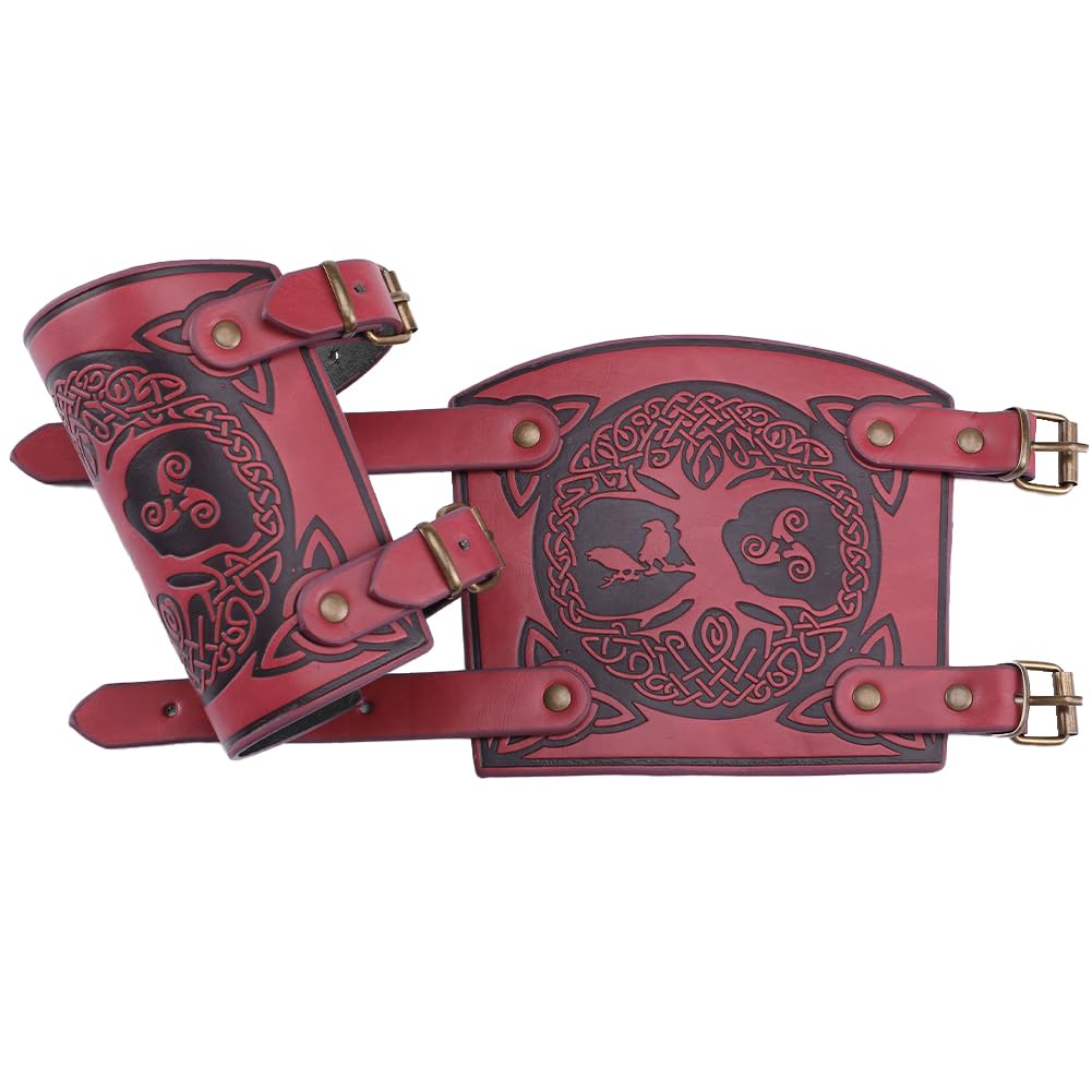 GORGECRAFT 2PCS Leather Arm Guards Medieval Viking Armor Bracers Tree Of Life Birds Pattern Embossed Leather Gauntlet Wristband Arm Armor Cuff for Halloween Cosplay Gothic Knight Costumes, Indian Red