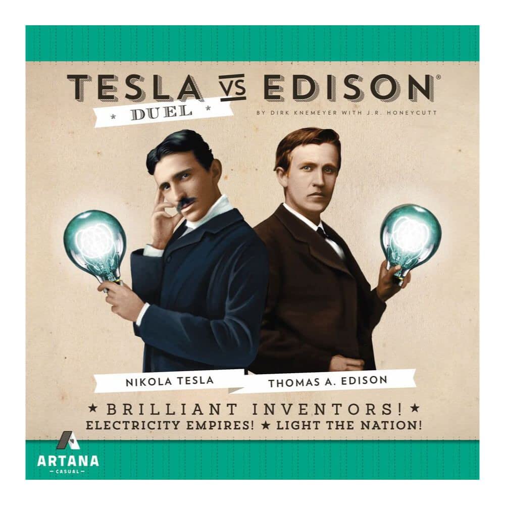 Genius Games 1201 - Telsa vs Edison Duel Strategy Card Game - For 2 Players aged 14 or Over with a Playtime of 15-30 Minutes - Educational and Fun - Who Will Win the War of the Currents