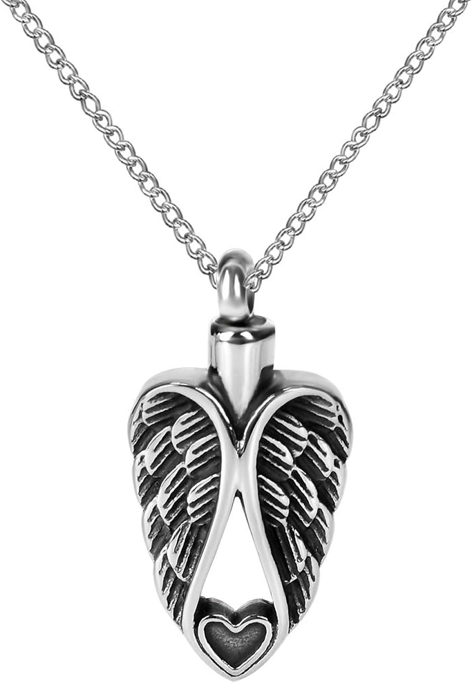 ZARABE Cremation Jewelry Double Angel Wing Heart Urn Ashes Necklace Memorial Keepsake Pendant