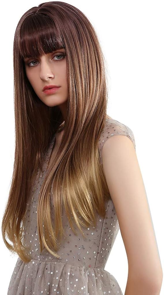 Amazon 女性ファッション合成毛ブレンド暗い茶色の薄い前髪ストレートヘアウィッグ 自然 耐熱 人気 ファッション 小顔効果 ネット 櫛付き 原宿 姫髪 フルウィッグ 可愛い変身自然 服 ファッション小物 通販